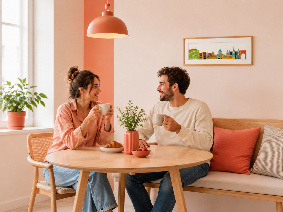 A man and a woman are sitting at a wooden table, engaged in conversation while holding coffee cups. The table is decorated with a vase of flowers, and there is a framed picture on the wall behind them.