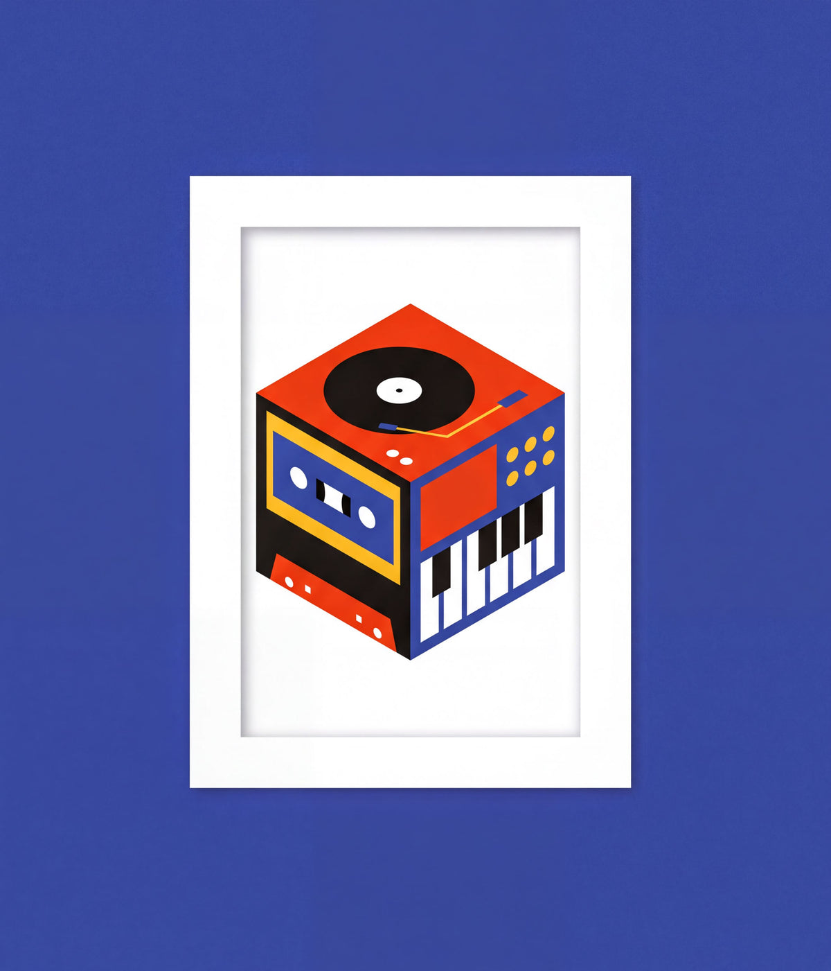 a colorful, abstract representation of a record player or turntable, with a stylized design and bold colors.