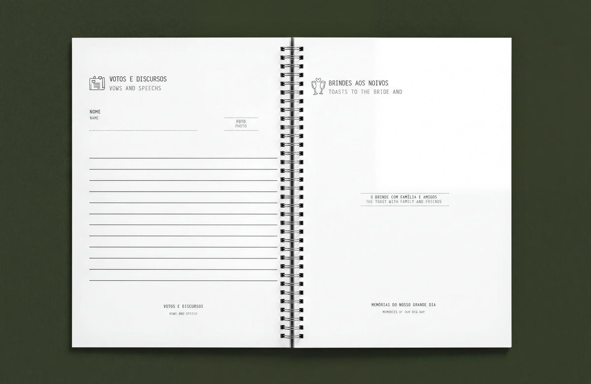 The image is a spiral-bound notebook with blank pages, featuring a title page and a blank page with a line of text.