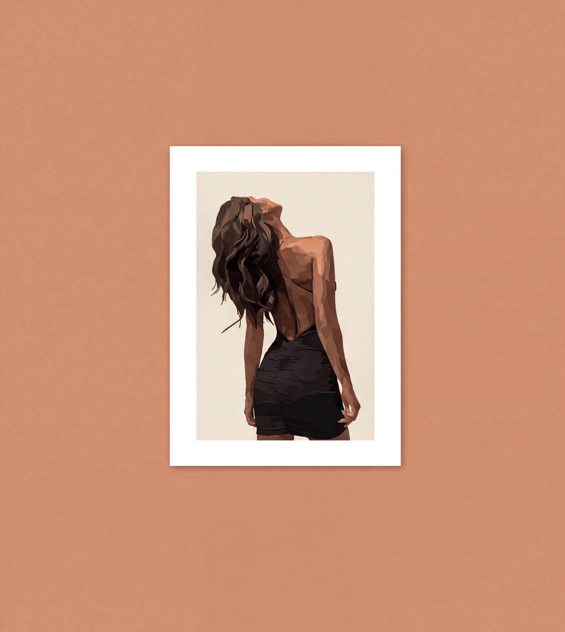 The image is a digital illustration of a woman with long, wavy hair wearing a black dress, standing against a peach-colored background.