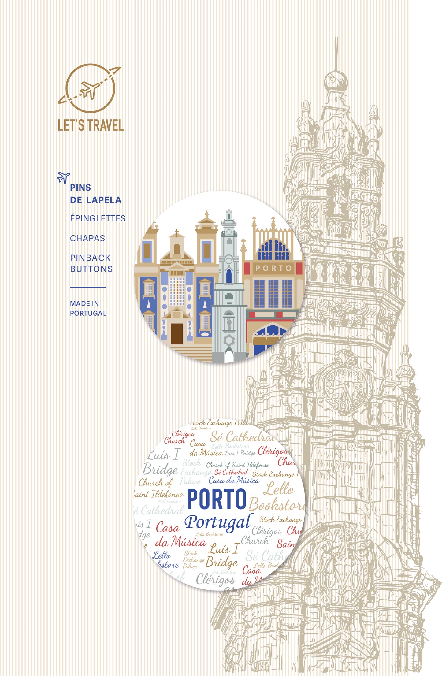 Conjunto Pins de Lapela Ilustração Monumentos Porto