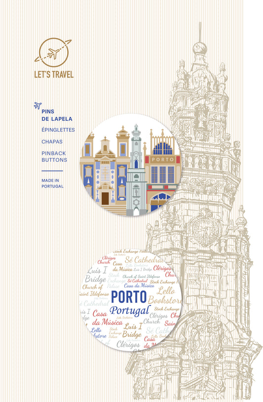 Conjunto Pins de Lapela Ilustração Monumentos Porto