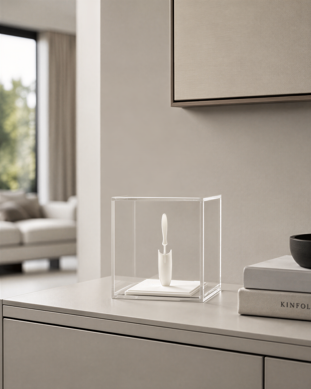 a minimalist interior design with a clear glass display case containing a white object, possibly a sculpture or a decorative item, placed on a white dresser or cabinet.