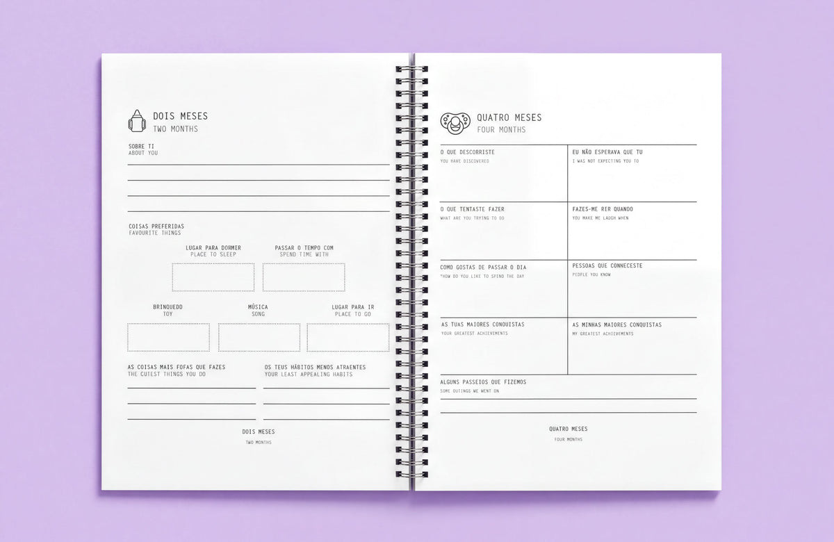 The image is a spiral-bound notebook with a blank page on the left side, and a page with a list of names and descriptions on the right side. The notebook is open and placed on a purple background.