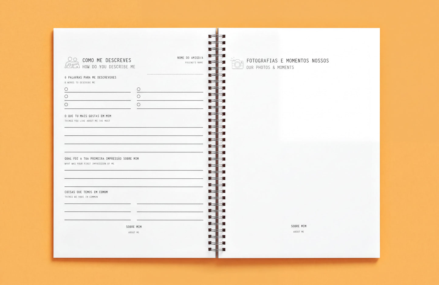 The image is an open spiral-bound notebook with a blank page, featuring a form for describing photographs and moments.