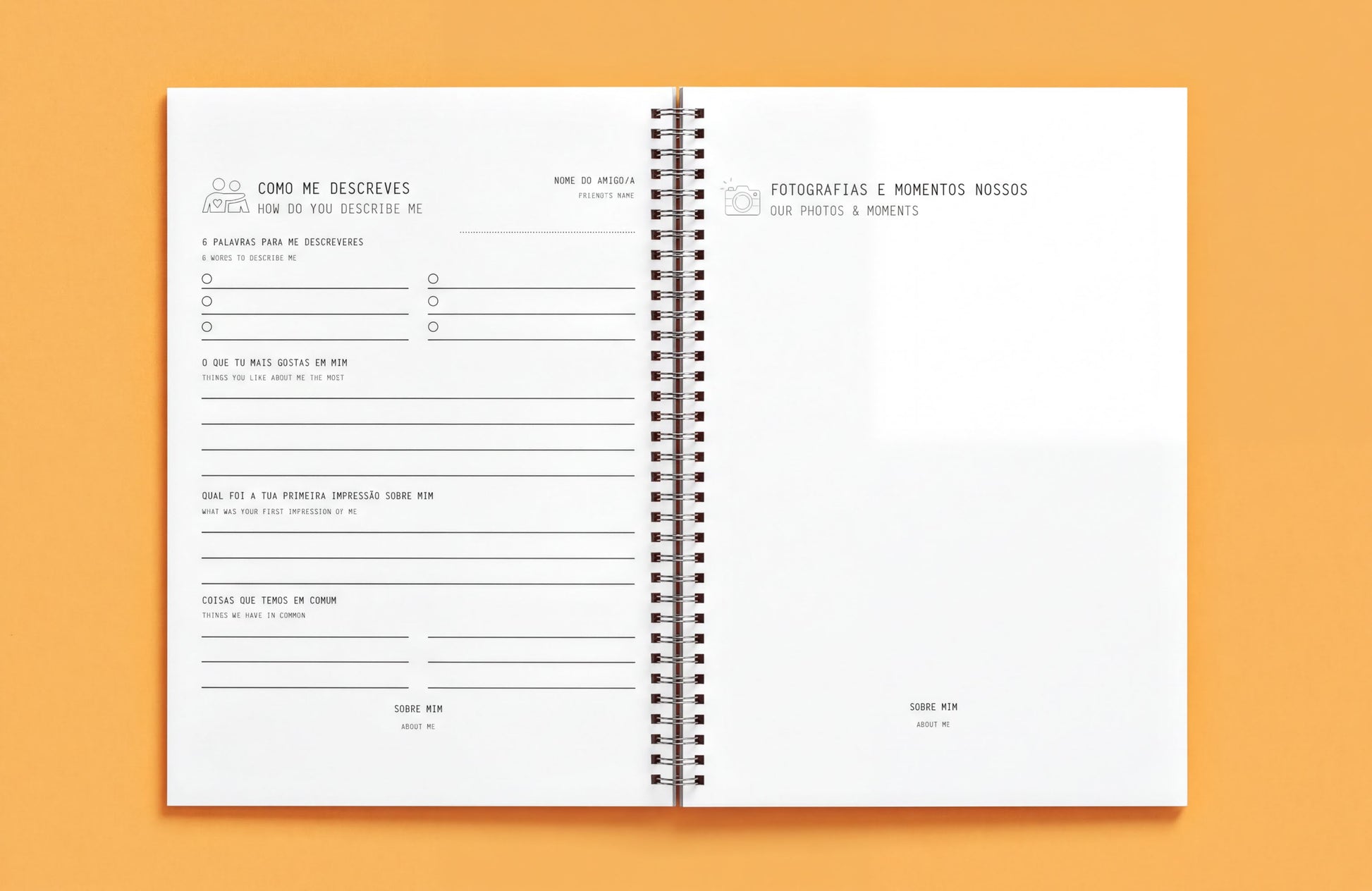 The image is an open spiral-bound notebook with a blank page, featuring a form for describing photographs and moments.