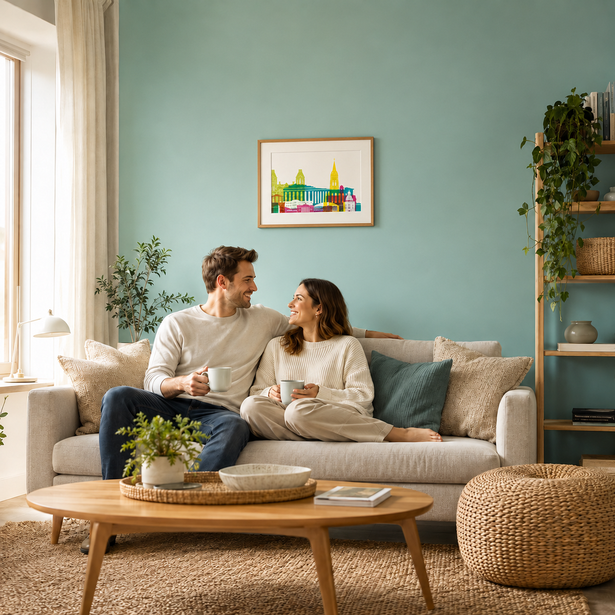 A man and woman are sitting together on a couch, smiling and holding coffee cups, in a cozy living room with a wooden coffee table, plants, and a framed picture on the wall.