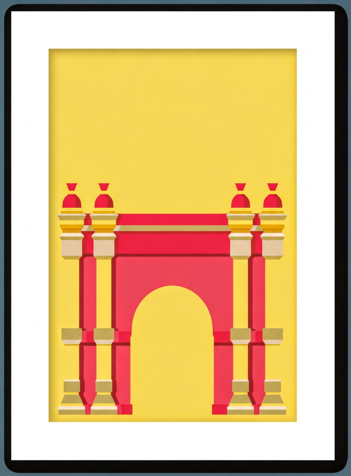 A stylized illustration of a red archway with three red domes on top, set against a yellow background.