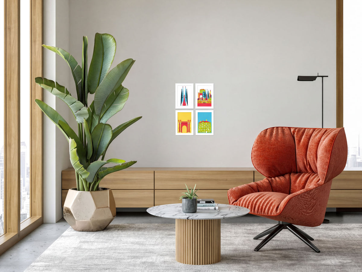 a modern living room with a large potted plant, a red armchair, a wooden coffee table, and a geometric vase. The room has a minimalist and contemporary design, with a neutral color palette and clean lines.