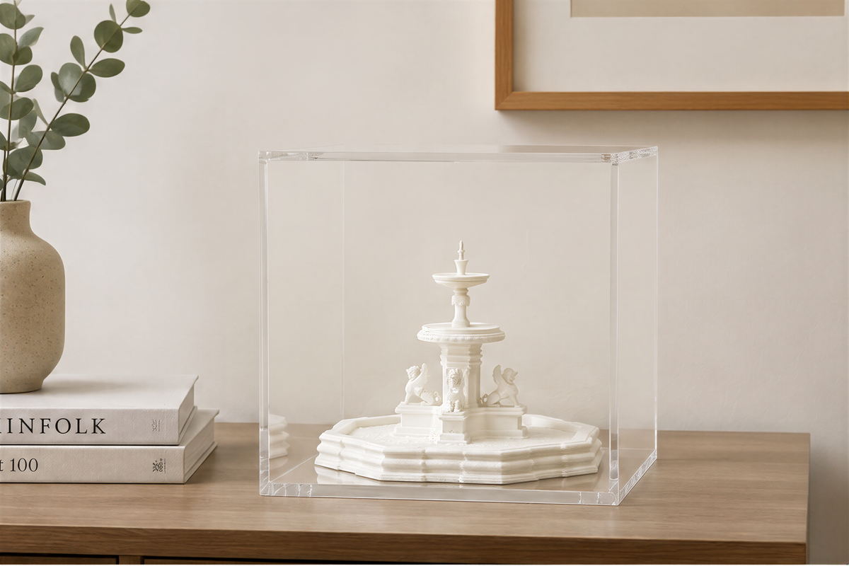 A small white fountain sculpture is displayed in a clear glass case on a wooden table, accompanied by a stack of books and a plant.