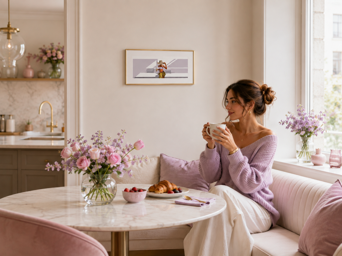 A woman in a purple sweater sits on a white couch, holding a coffee mug and enjoying a breakfast spread of croissants, fruit, and berries. The room is decorated with pink flowers and a framed picture on the wall, creating a cozy and inviting atmosphere.