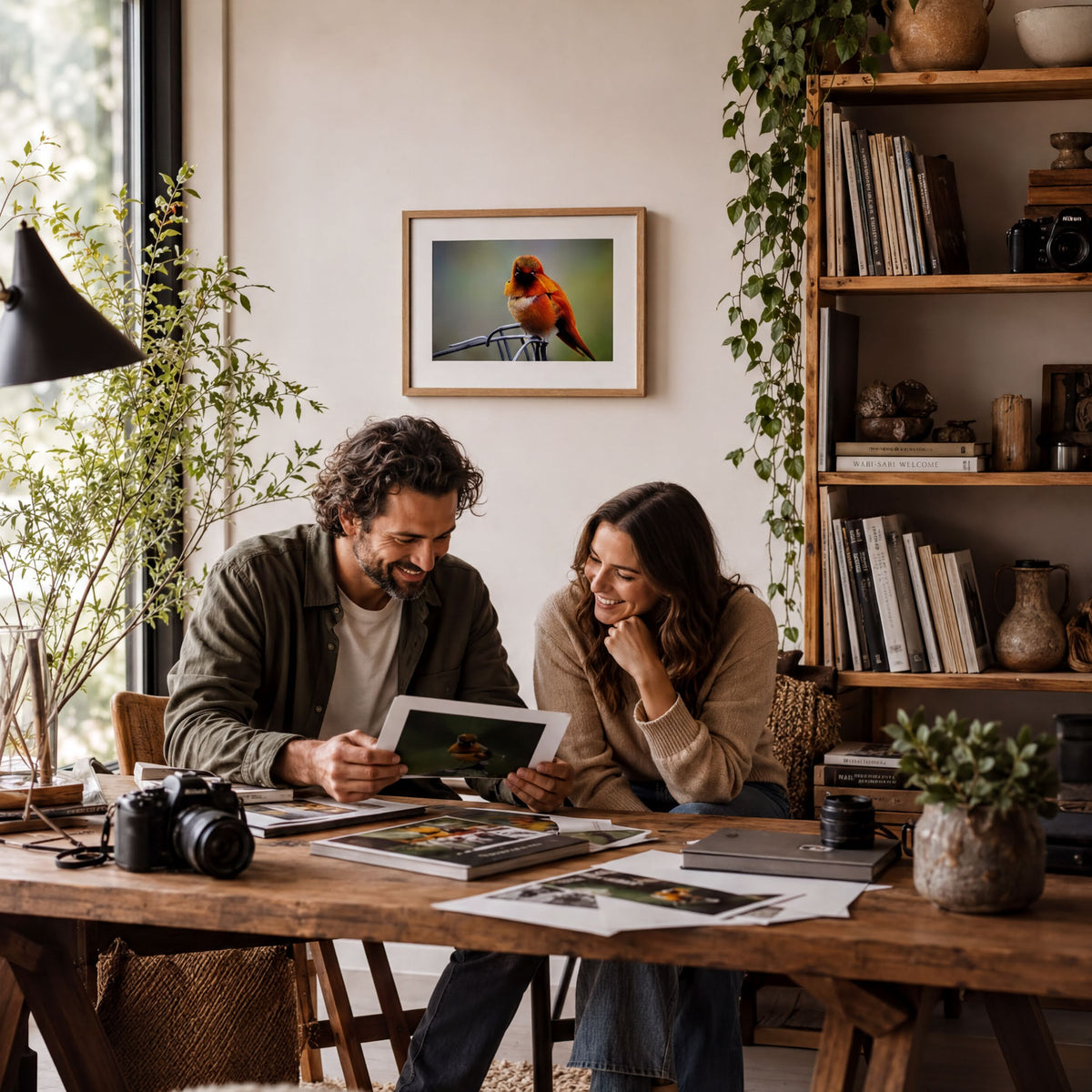 A man and a woman are sitting at a wooden desk, looking at a framed photograph of a bird. The man is holding a camera, and the woman is holding a printed photograph. The desk is cluttered with various items, including books, plants, and a vase.