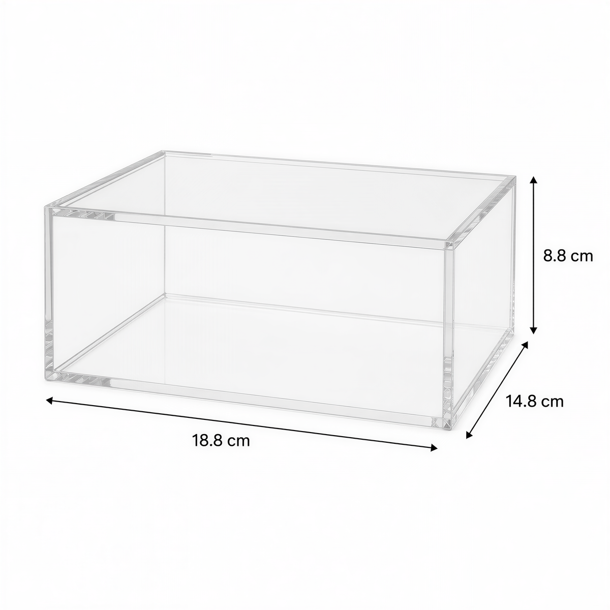 a clear glass box with dimensions of 18.8 cm in length and 14.8 cm in width.