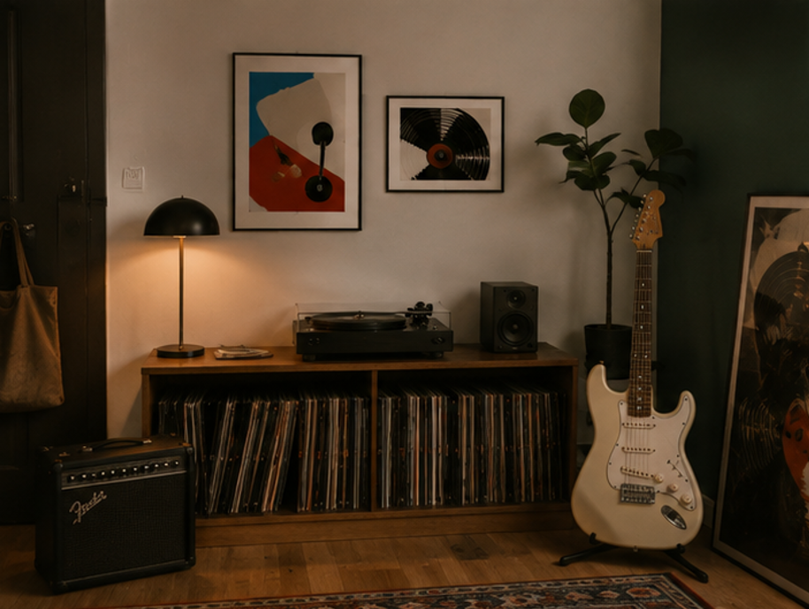 a room with a guitar, a turntable, and a record player, along with a bookshelf filled with records and a plant.