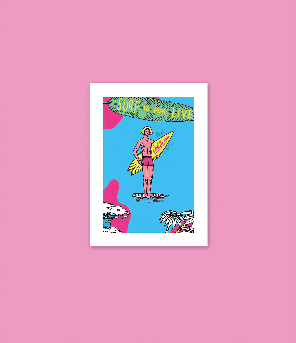 A colorful illustration of a surfer holding a surfboard, with the text "Surf is for life" prominently displayed.
