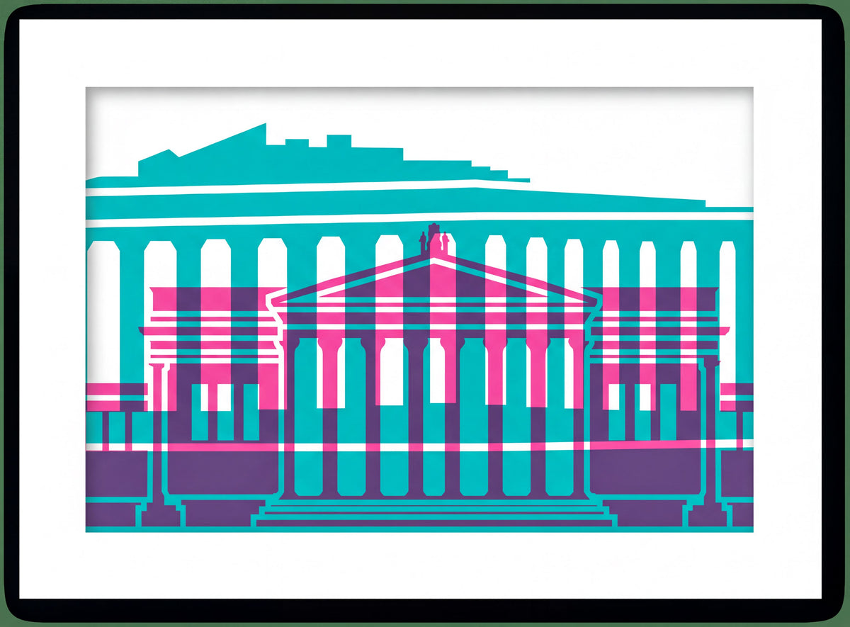 a stylized illustration of a classical building with columns and a triangular pediment, set against a background of a mountain and a city skyline.