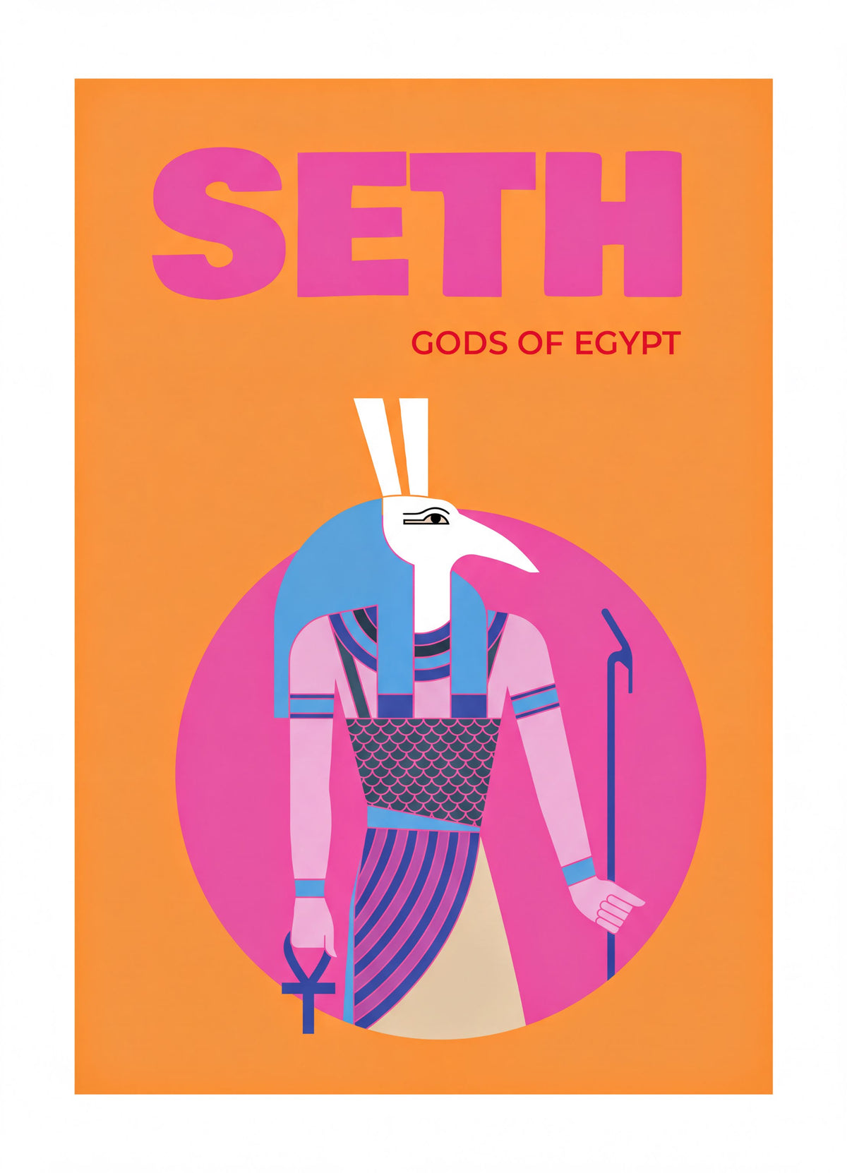 The image is a vibrant poster featuring the Egyptian god Seth, depicted in a stylized and colorful manner. Seth is shown wearing a headdress and holding a staff, and the poster is set against an orange background.