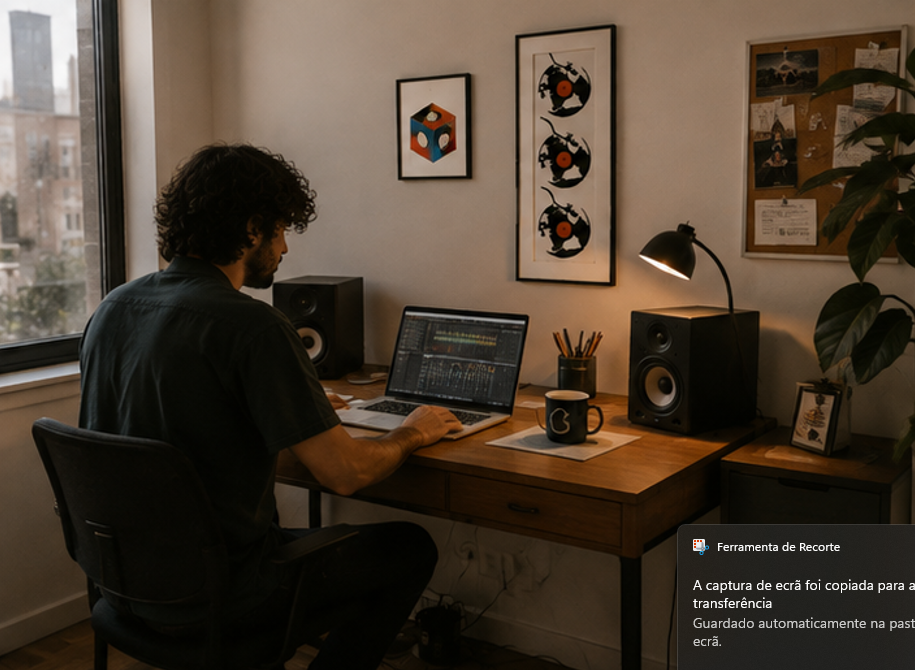 A man is sitting at a desk, working on a laptop with various audio equipment and a mug on the desk.