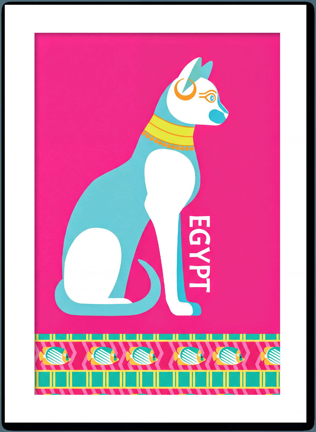 A stylized illustration of a cat in a vibrant pink background, with the word "EGYPT" prominently displayed.