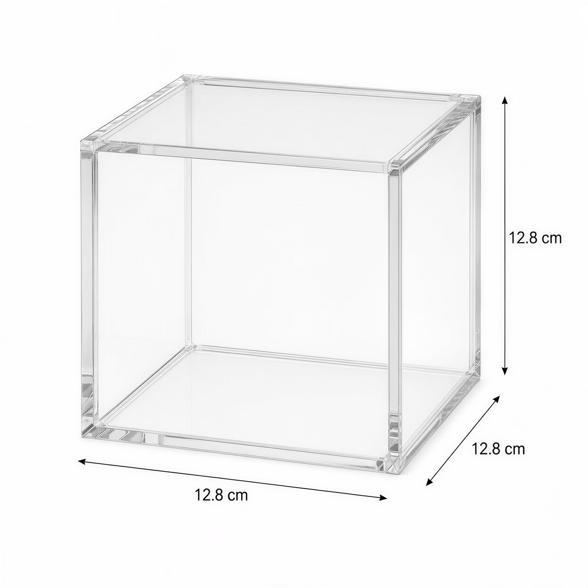 A clear plastic box with dimensions of 12.8 cm in length, width, and height.