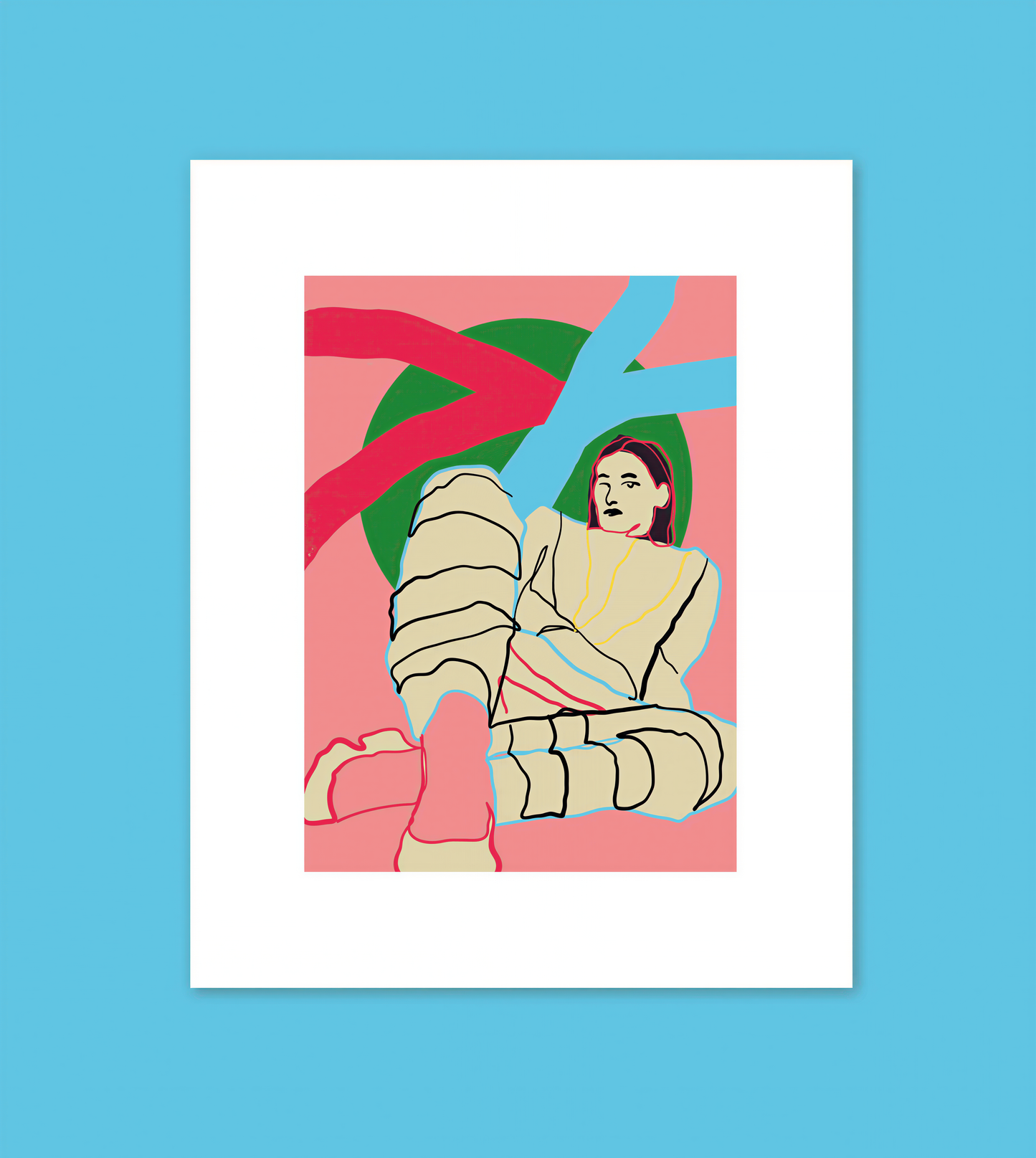 The image is a colorful abstract illustration featuring a stylized female figure in a pink and blue background.