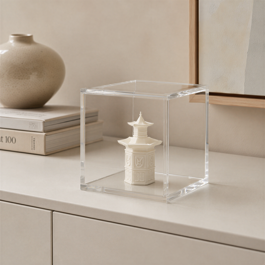 A small white ceramic pagoda is displayed in a clear glass box on a white surface, with a stack of books and a beige vase visible in the background.