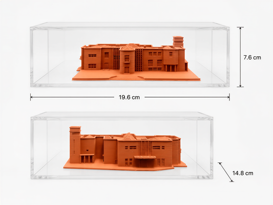 two small orange model buildings displayed in clear glass cases, with dimensions provided.