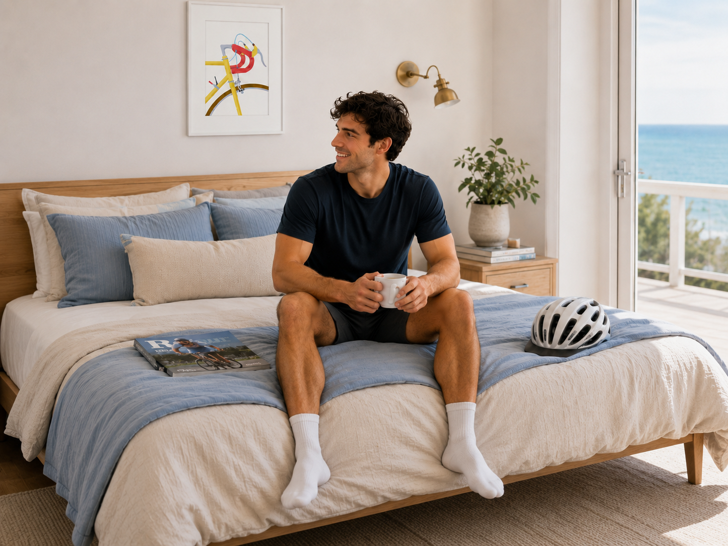 A man sits on a bed, holding a cup of coffee and wearing a helmet, with a bicycle helmet and a magazine on the bed.