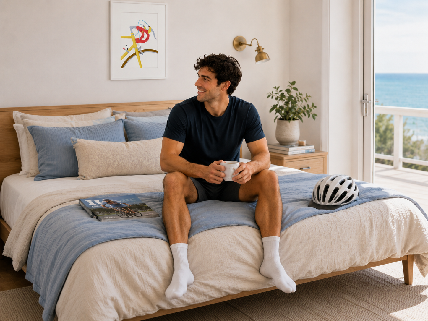 A man sits on a bed, holding a cup of coffee and wearing a helmet, with a bicycle helmet and a magazine on the bed.