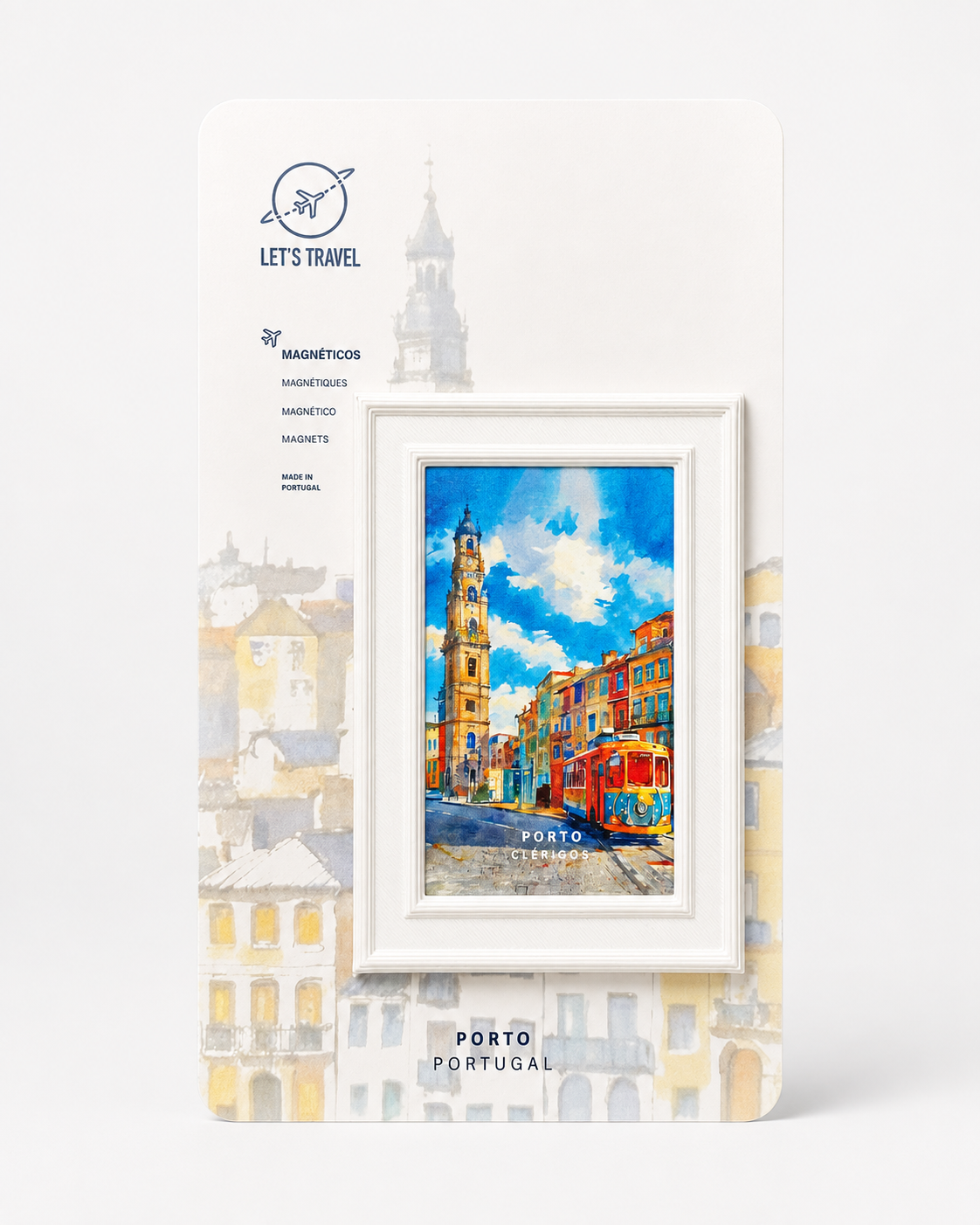 a framed picture of a colorful street scene in Porto, Portugal.