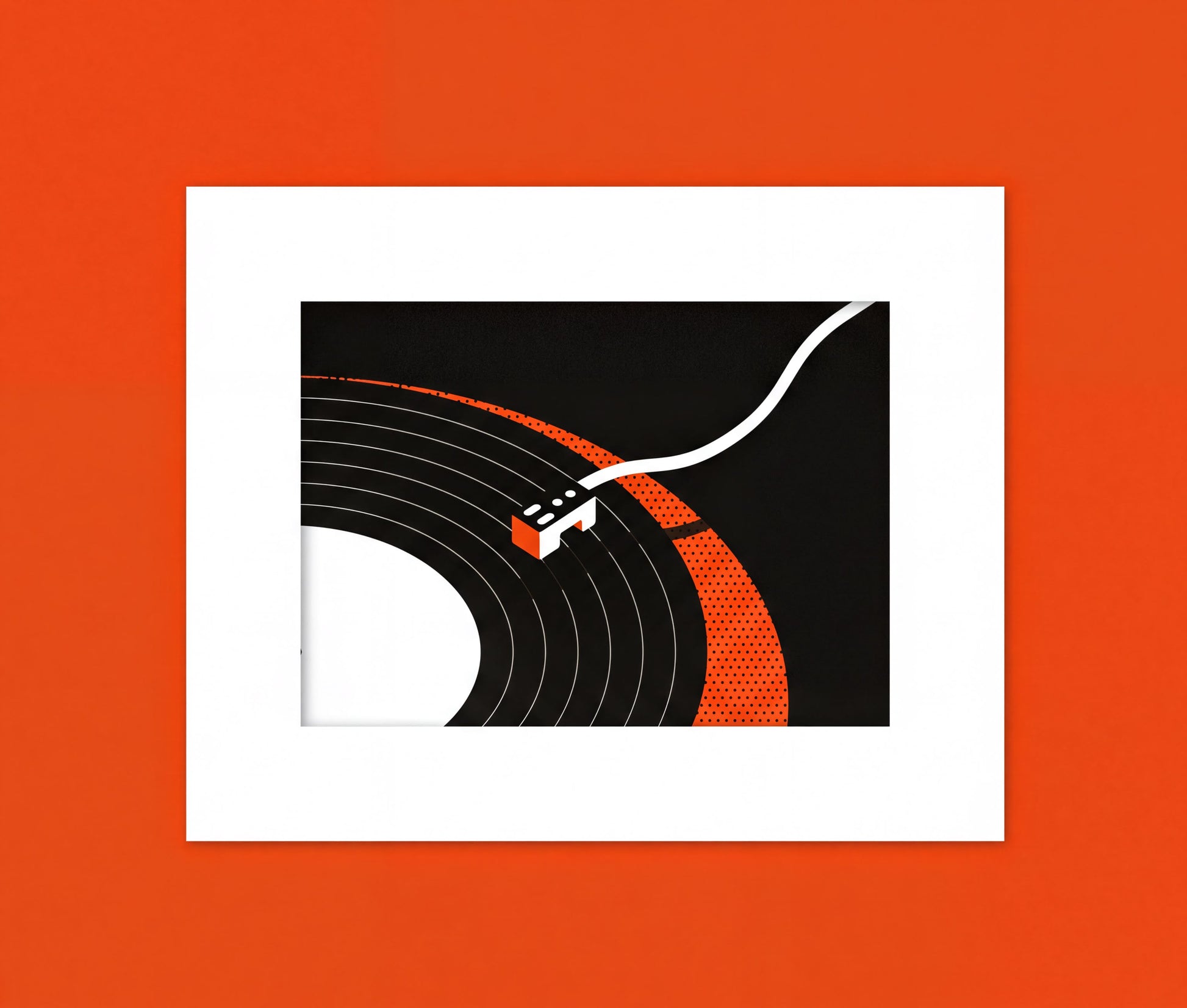a stylized representation of a record player with a black and white background, featuring a stylized record and a stylized needle.