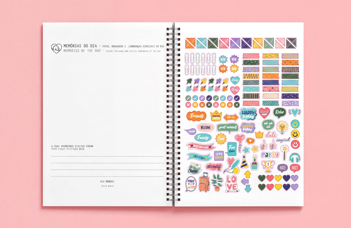 The image is a spiral-bound notebook with a blank page on the left and a colorful collage of stickers and illustrations on the right.
