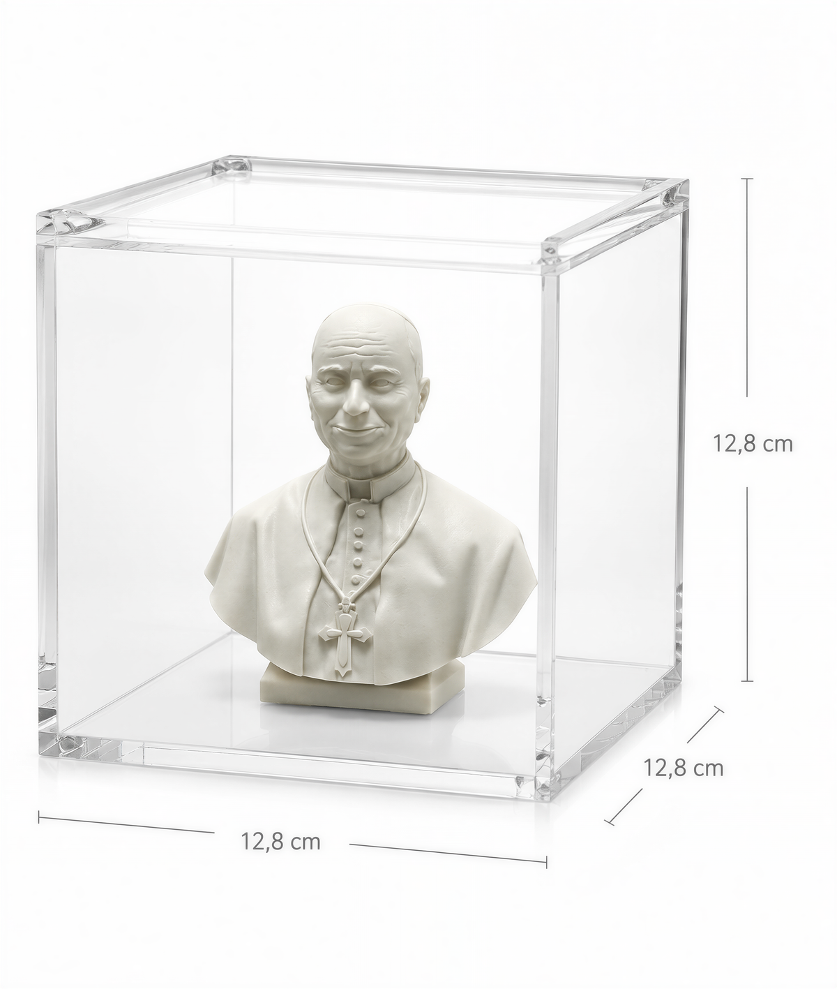 A bust of a man, possibly a religious figure, displayed in a clear glass case.