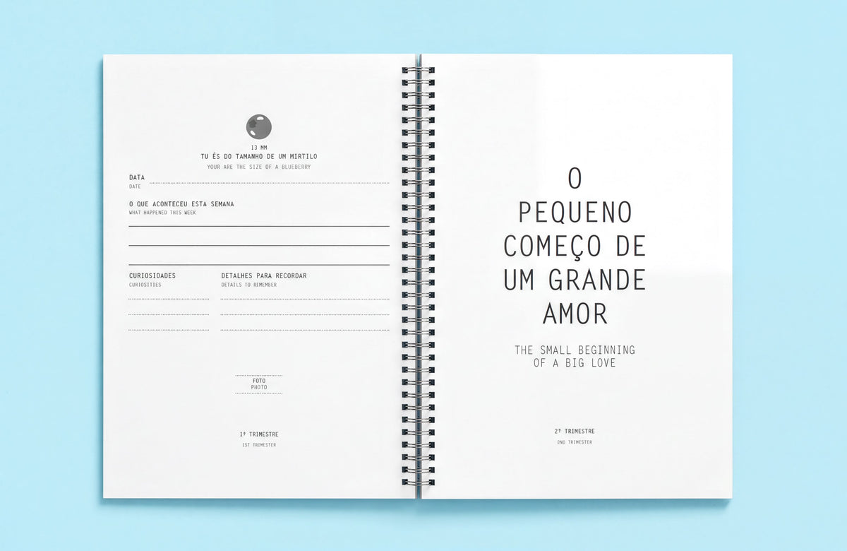 The image is a spiral-bound notebook with a blank page on the left side and a title page on the right side. The title page has a title and a subtitle, while the blank page has a heading and a section for filling in information.