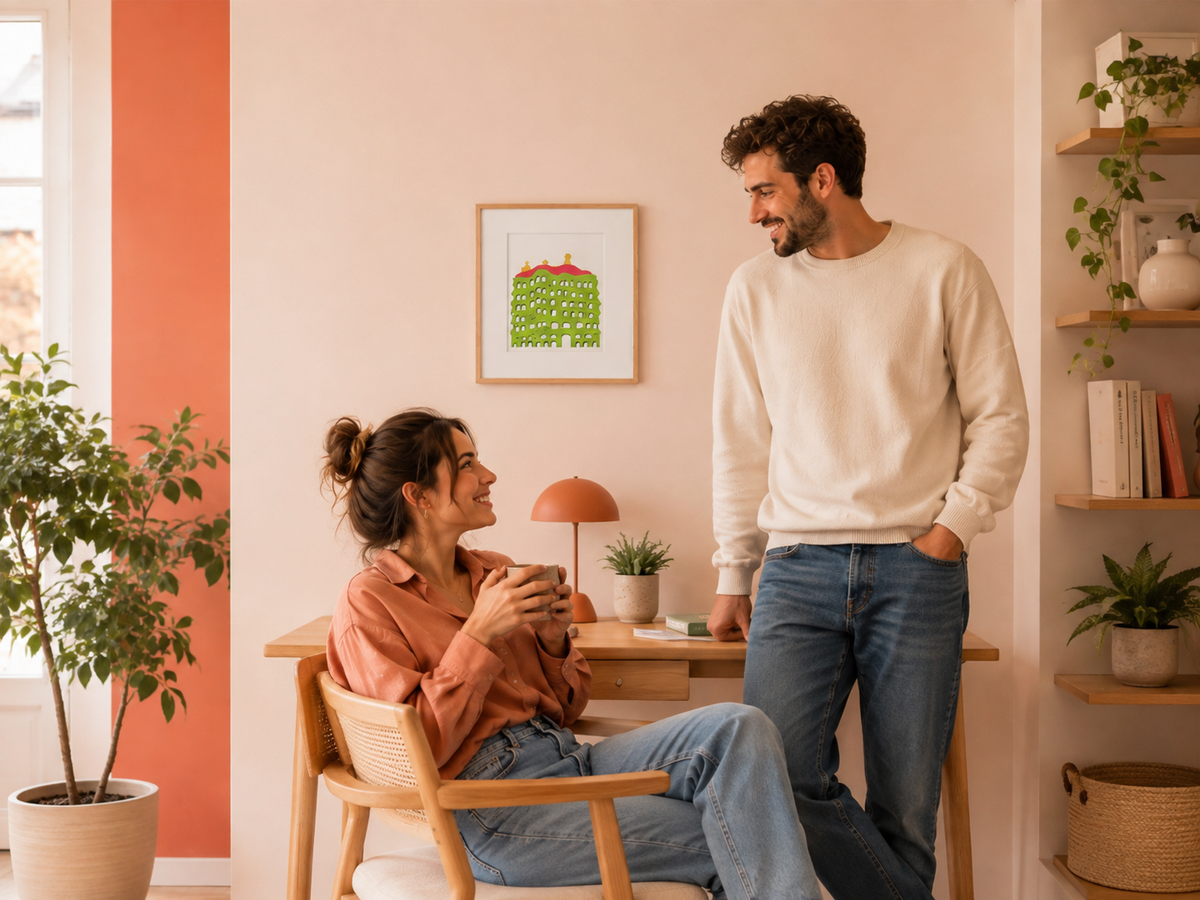 A man and a woman are engaged in a conversation in a cozy living room with a pink wall, a framed picture, and various plants.