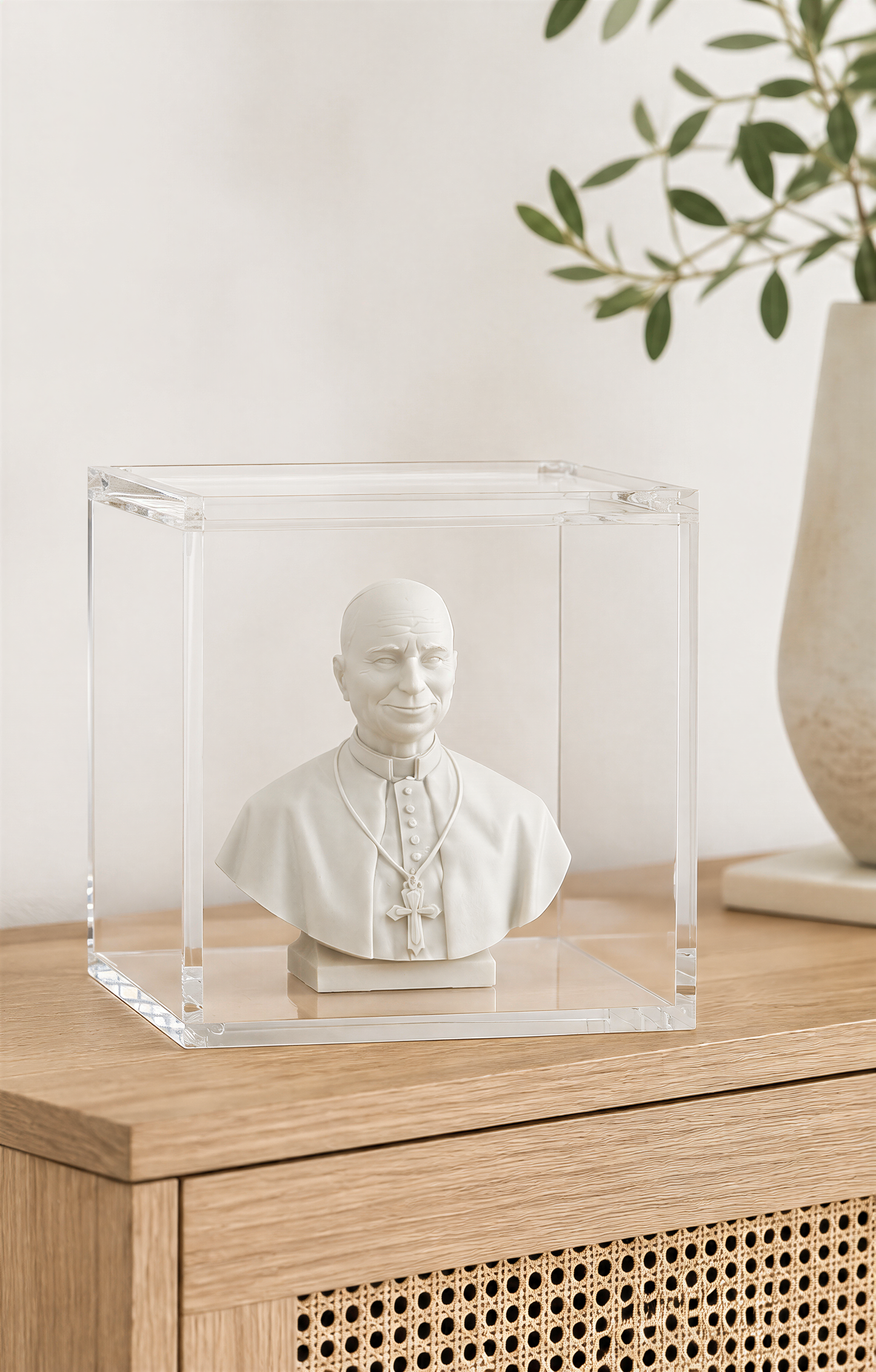 A white bust of a person is displayed in a clear glass case on a wooden surface, with a plant visible in the background.