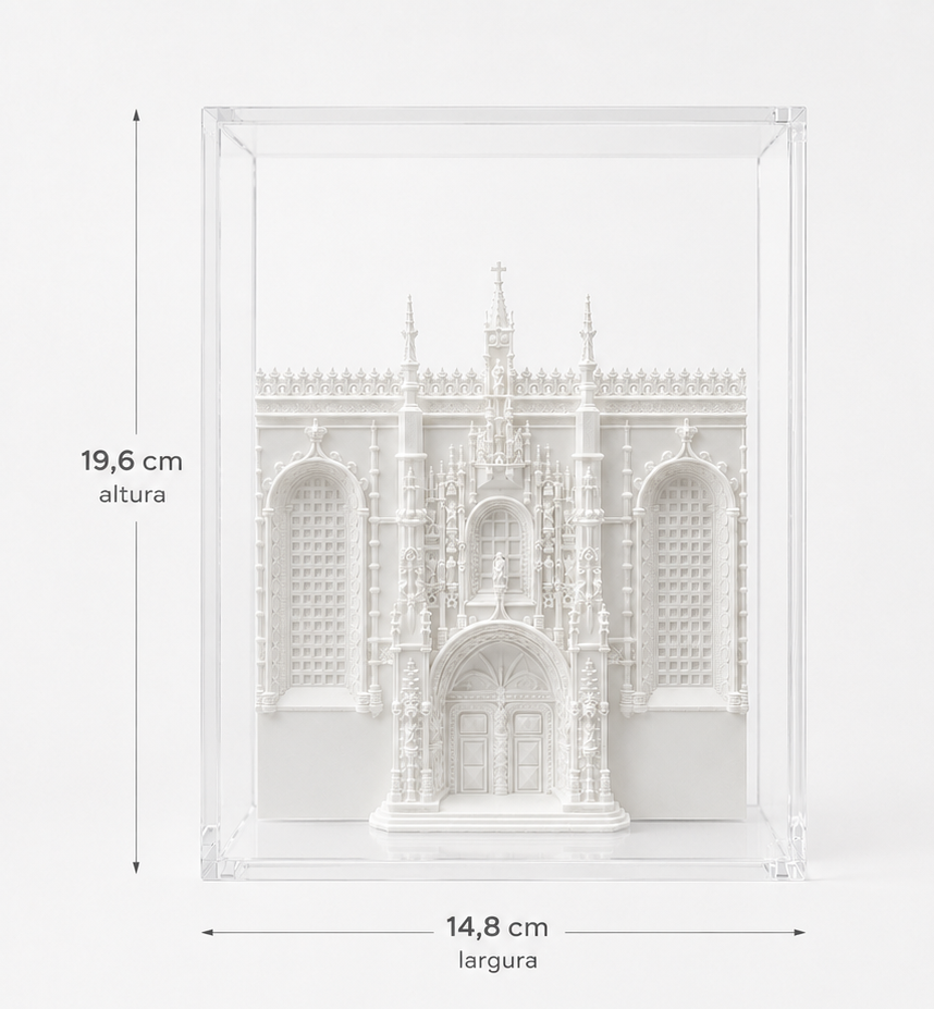 A miniature model of a Gothic-style building, likely a church, displayed in a clear case.